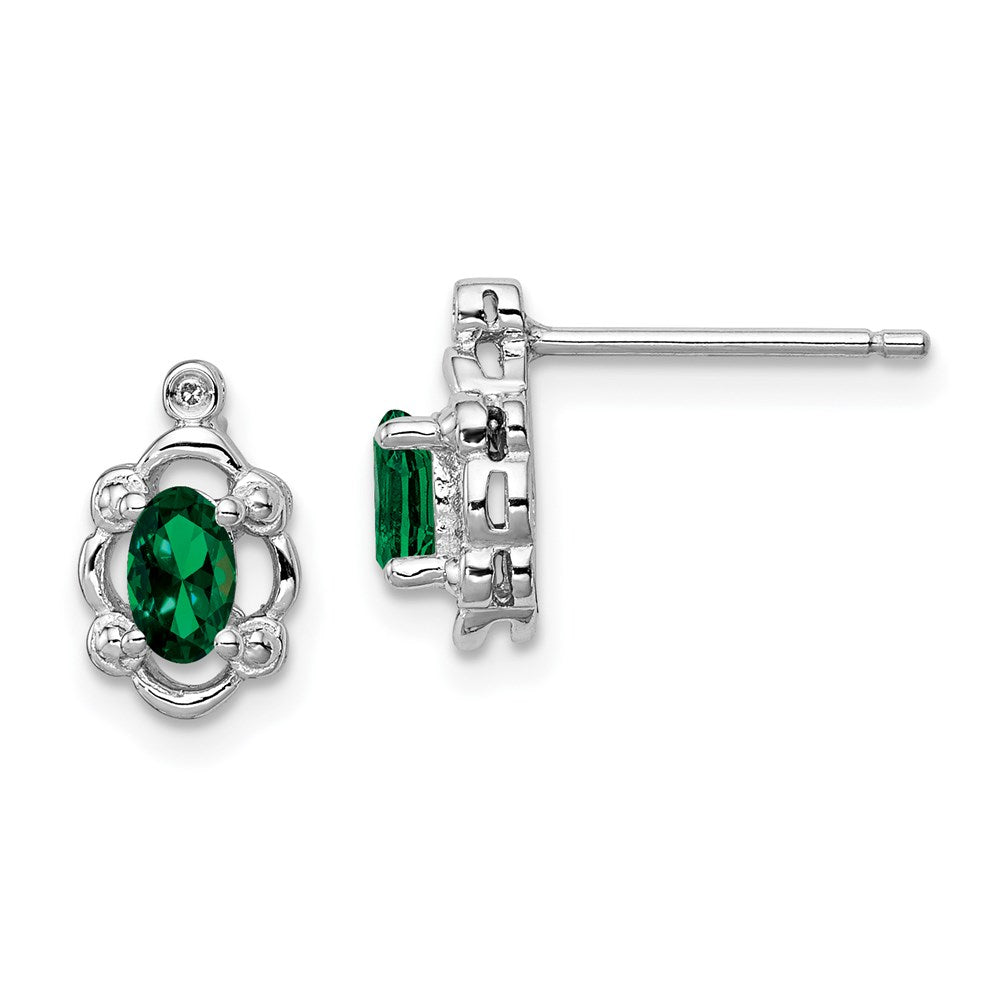 Sterling Silver Rhodium-plated Created Emerald & Diamond Earrings