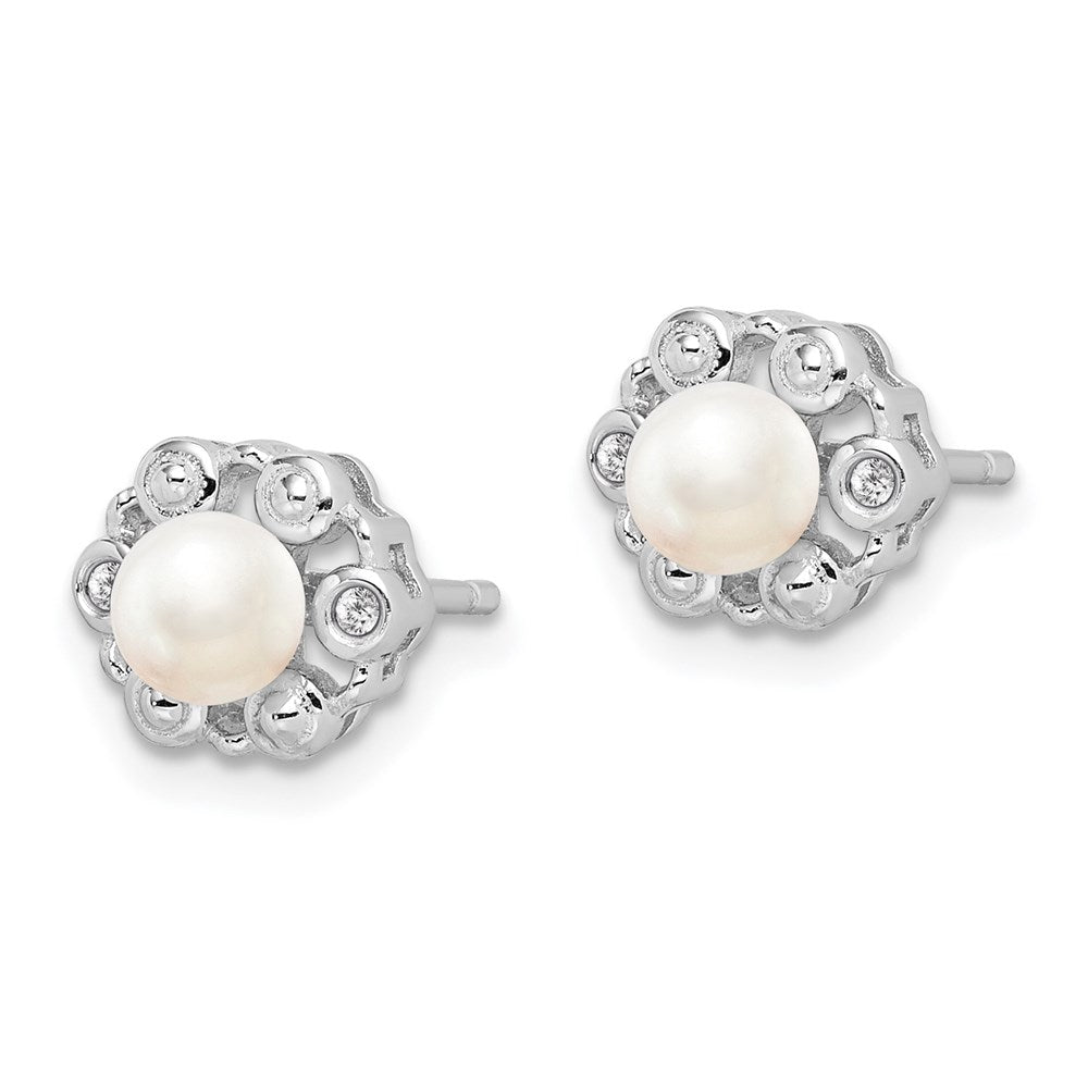 Sterling Silver Rhodium-plated FW Cultured Pearl & Diamond Earrings