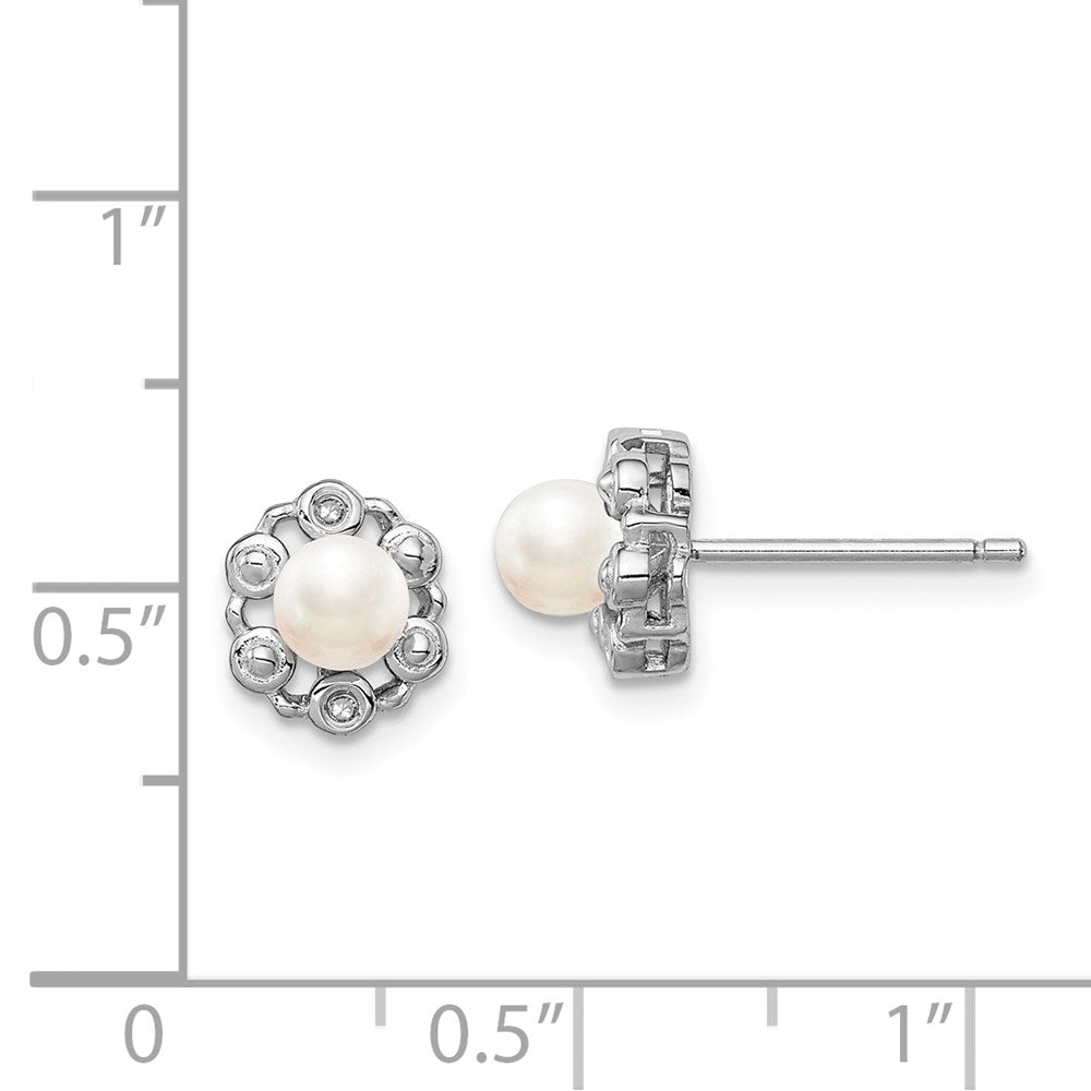 Sterling Silver Rhodium-plated FW Cultured Pearl & Diamond Earrings