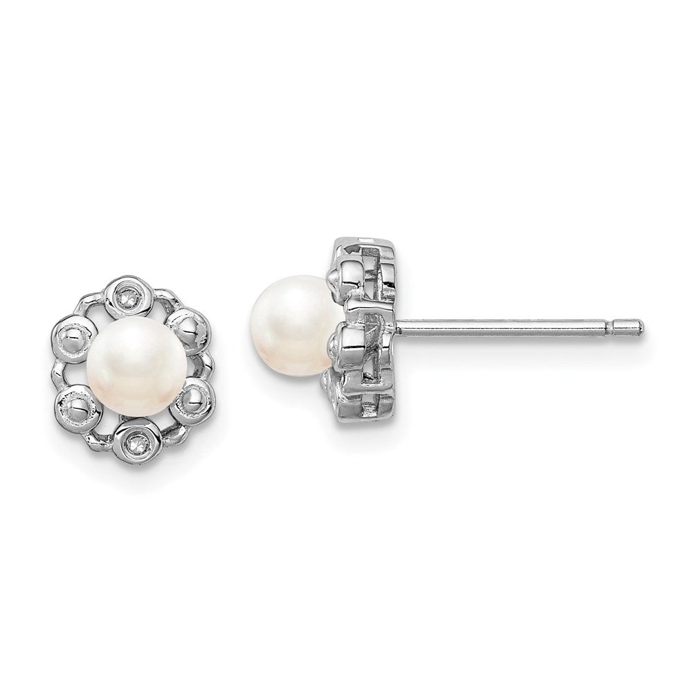 Sterling Silver Rhodium-plated FW Cultured Pearl & Diamond Earrings