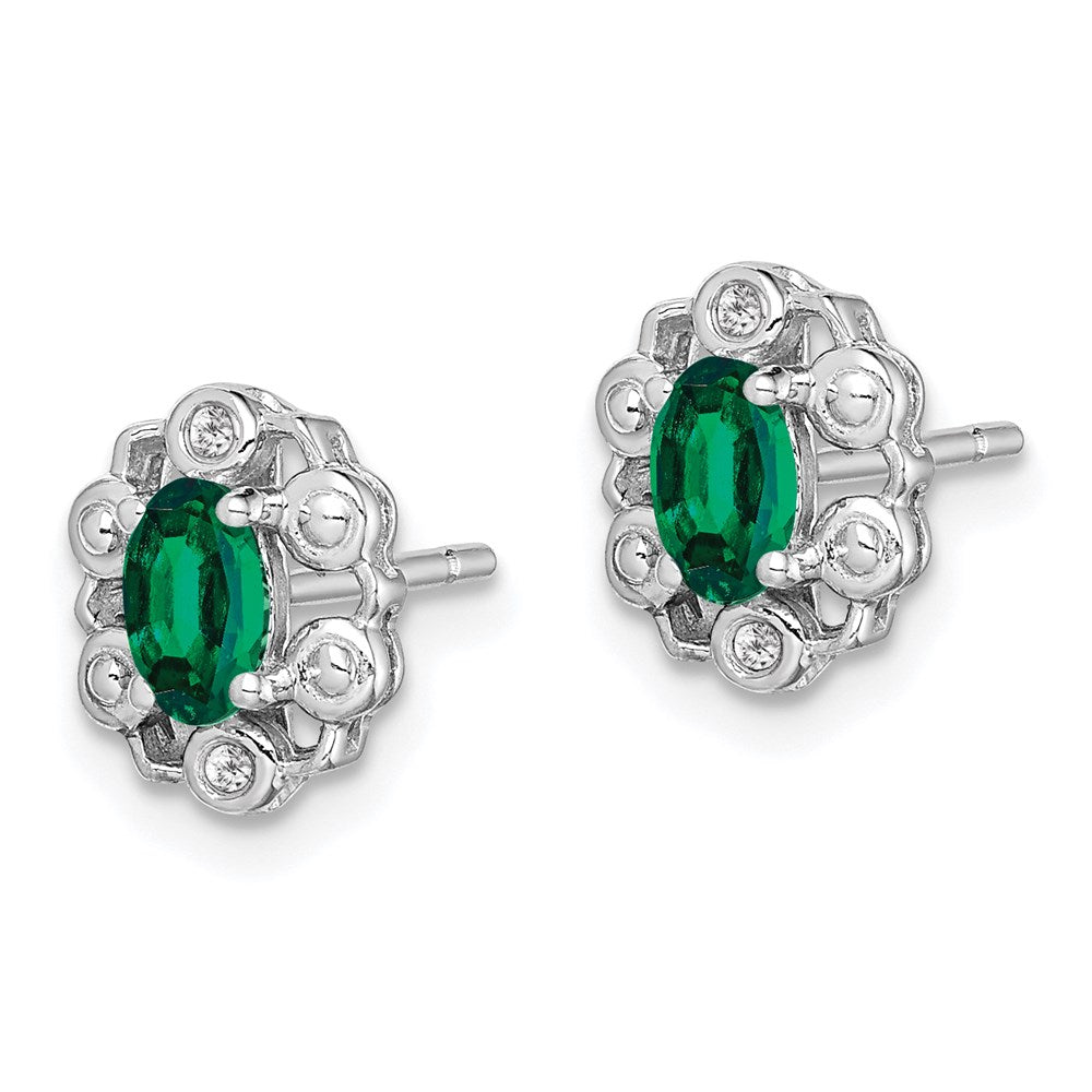 Sterling Silver Rhodium-plated Created Emerald & Diamond Earrings