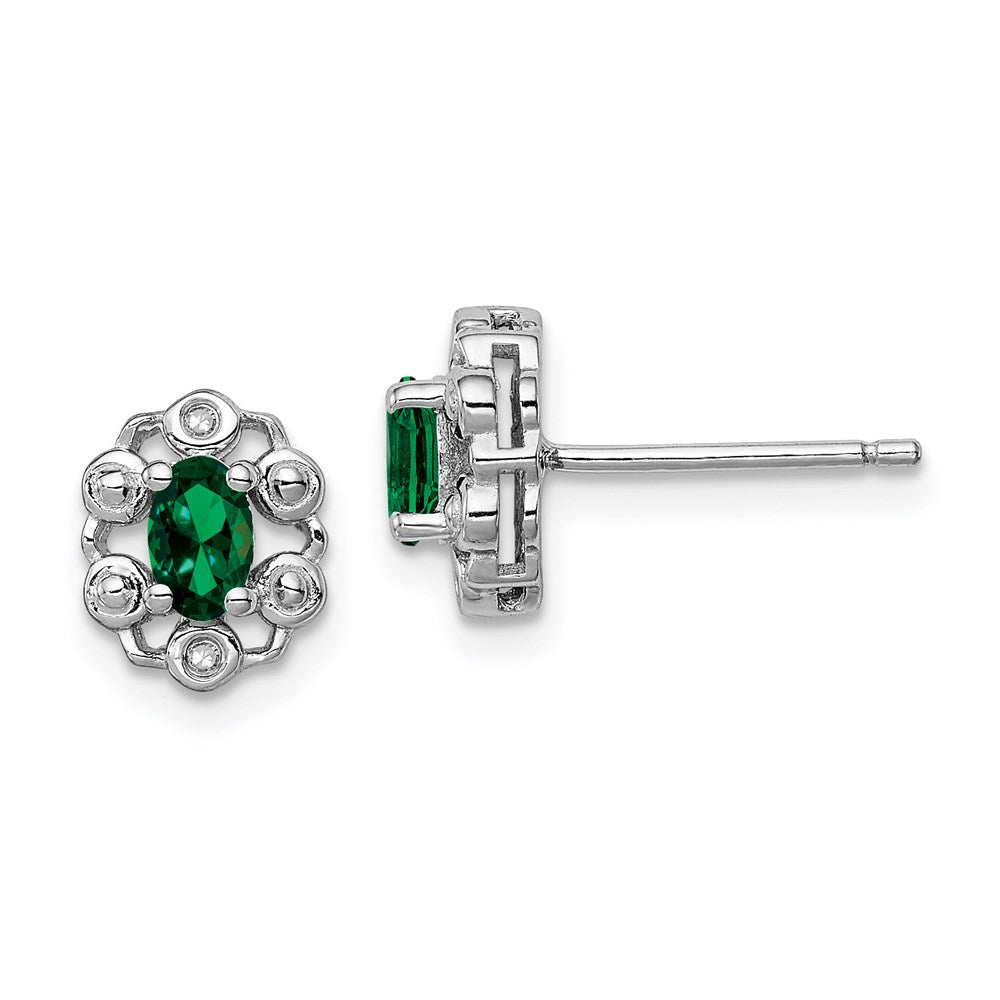 Sterling Silver Rhodium-plated Created Emerald & Diamond Earrings