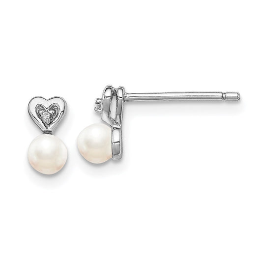 Sterling Silver Rhodium-plated FW Cultured Pearl & Diamond Earrings