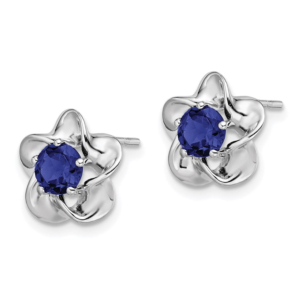 Sterling Silver Rhodium-plated Floral Created Sapphire Post Earrings