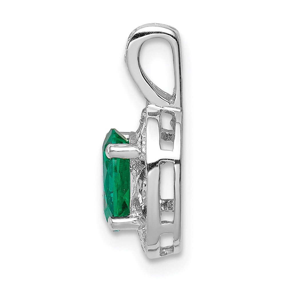 Sterling Silver Rhodium-plated Diamond & Created Emerald Pendant