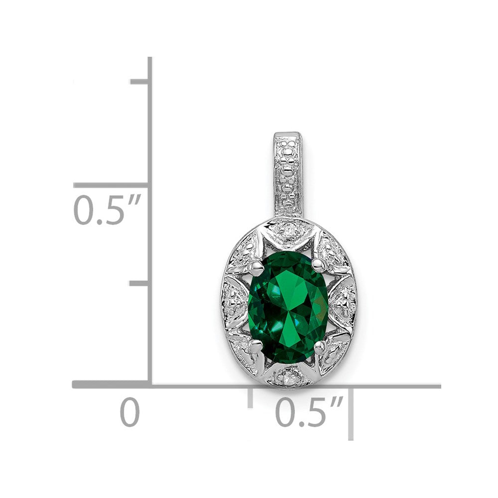 Sterling Silver Rhodium-plated Diamond & Created Emerald Pendant