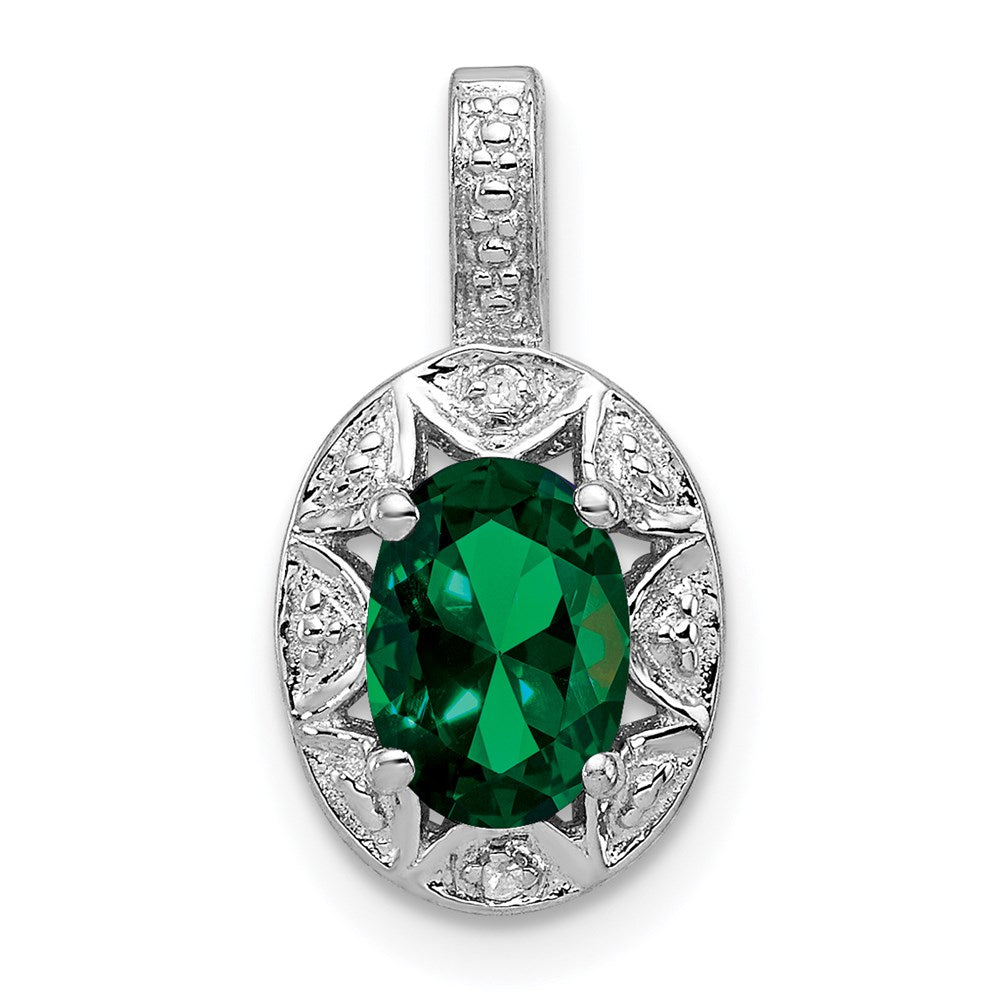 Sterling Silver Rhodium-plated Diamond & Created Emerald Pendant