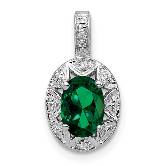 Sterling Silver Rhodium-plated Diamond & Created Emerald Pendant