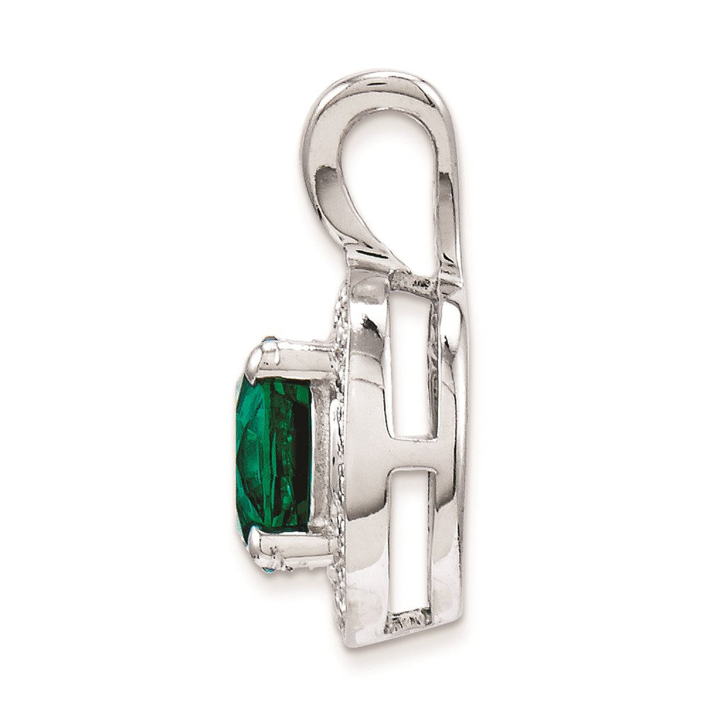 Sterling Silver Rhodium-plated Diamond & Created Emerald Pendant