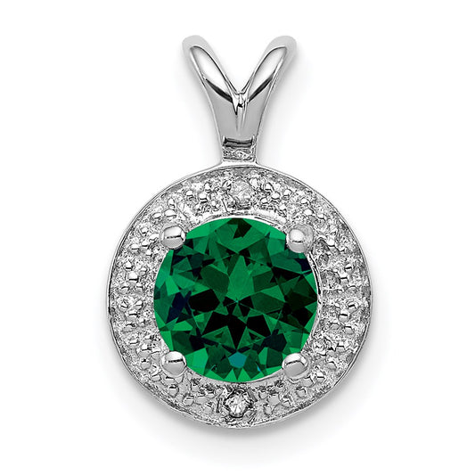 Sterling Silver Rhodium-plated Diamond & Created Emerald Pendant