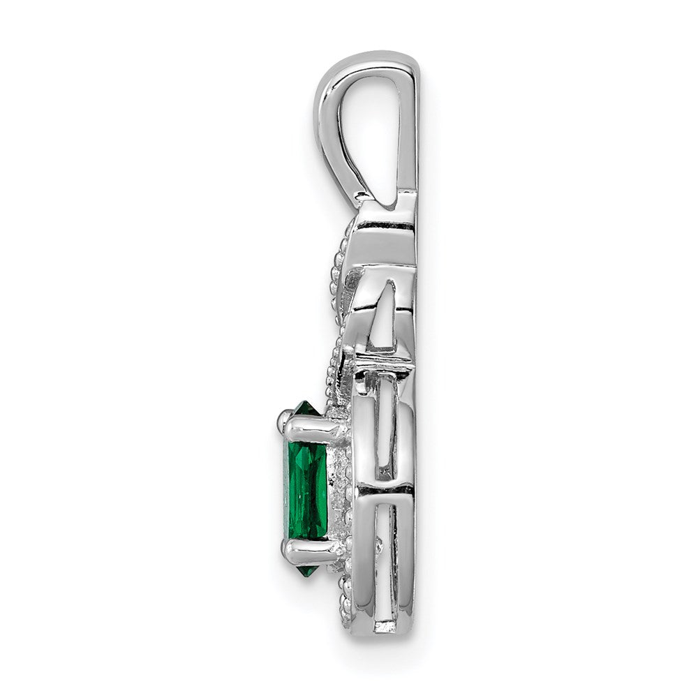 Sterling Silver Rhodium-plated Created Emerald & Diamond Pendant