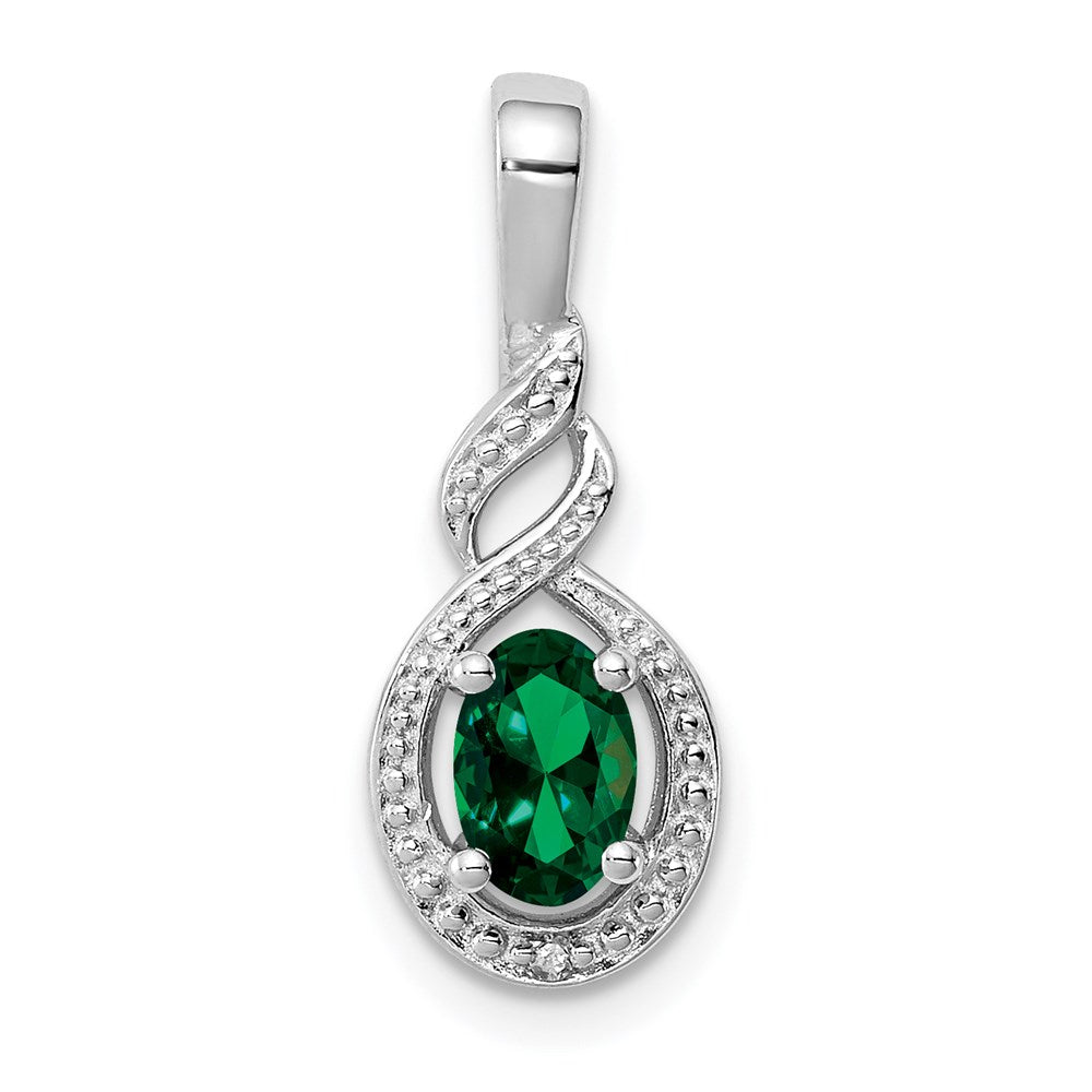 Sterling Silver Rhodium-plated Created Emerald & Diamond Pendant