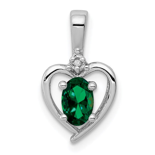 Sterling Silver Rhodium-plated Created Emerald & Diamond Pendant