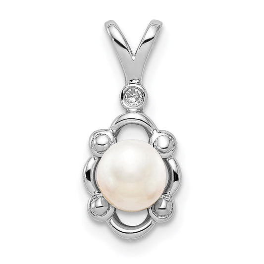 Sterling Silver Rhodium-plated FW Cultured Pearl & Diamond Pendant