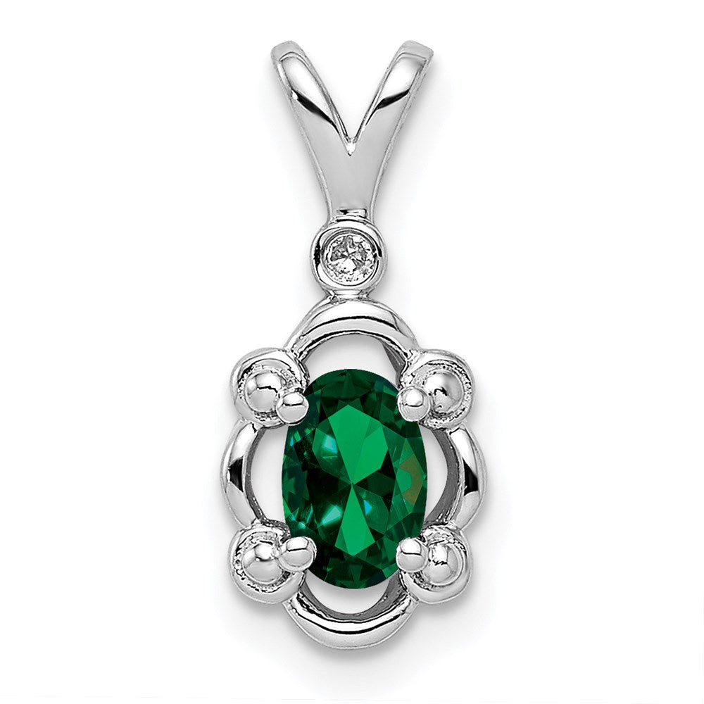 Sterling Silver Rhodium-plated Created Emerald & Diamond Pendant