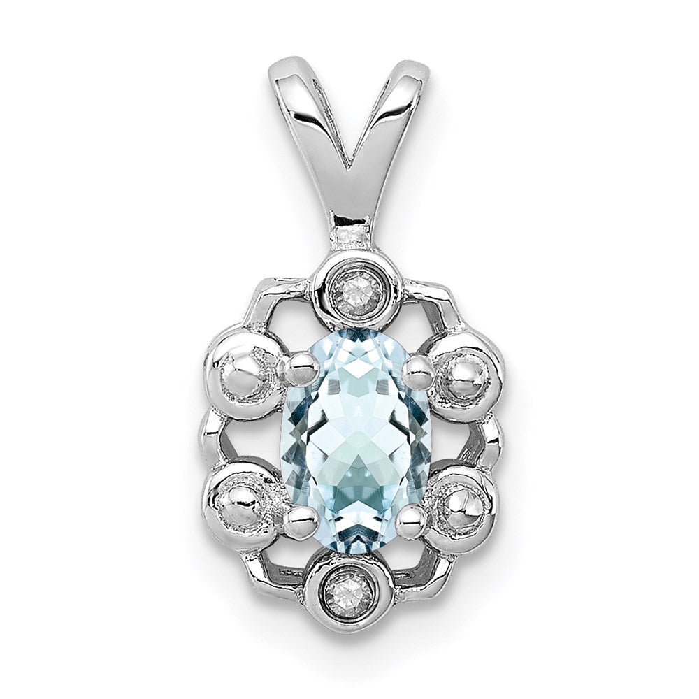 Sterling Silver Rhodium-plated Aquamarine & Diamond Pendant