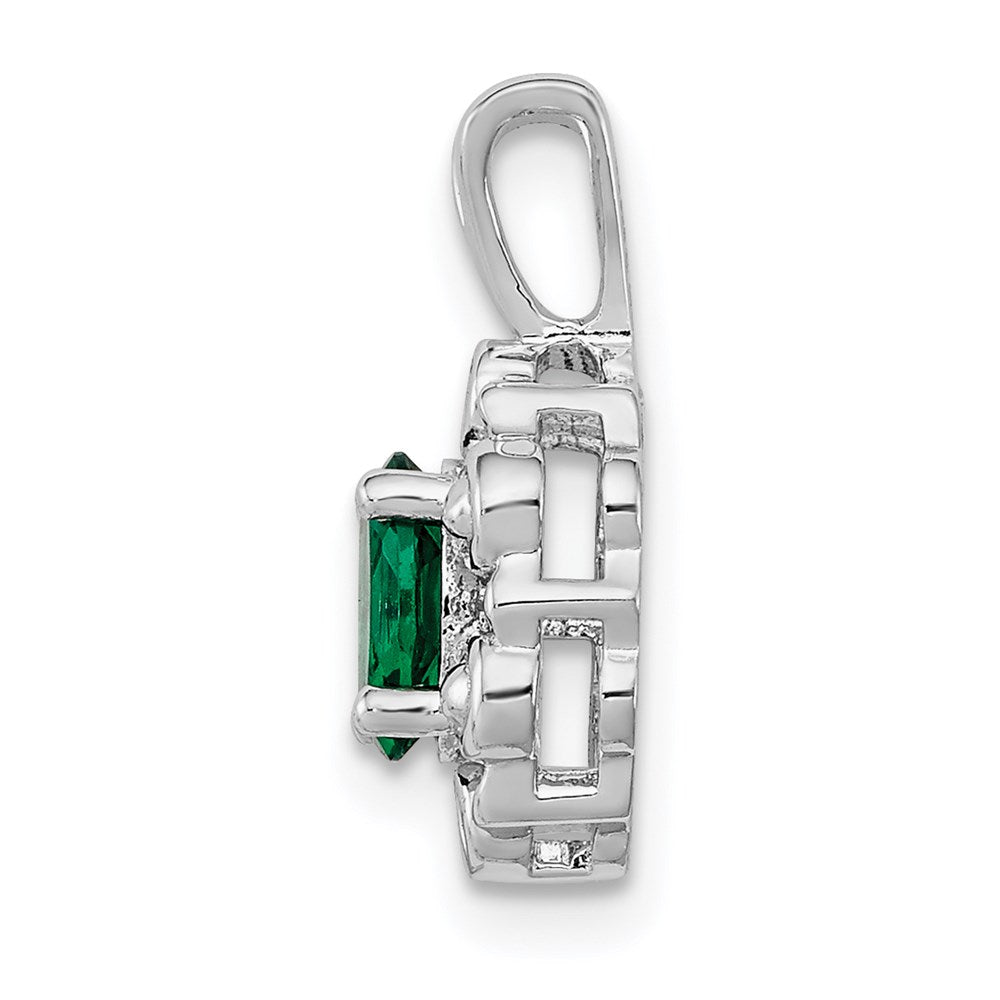 Sterling Silver Rhodium-plated Created Emerald & Diamond Pendant