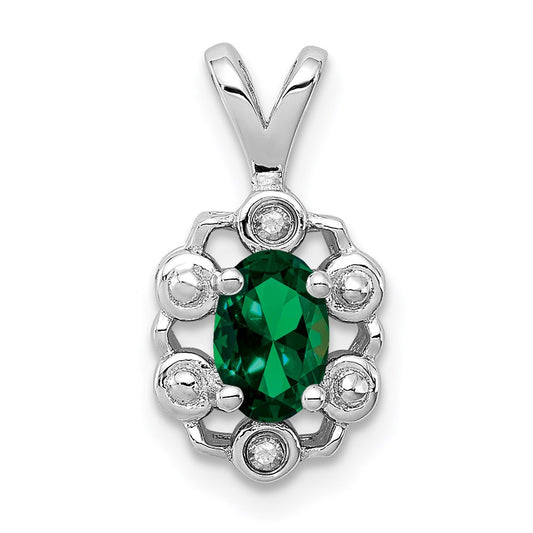 Sterling Silver Rhodium-plated Created Emerald & Diamond Pendant