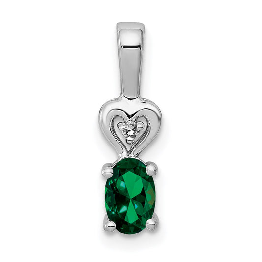 Sterling Silver Rhodium-plated Created Emerald & Diamond Pendant