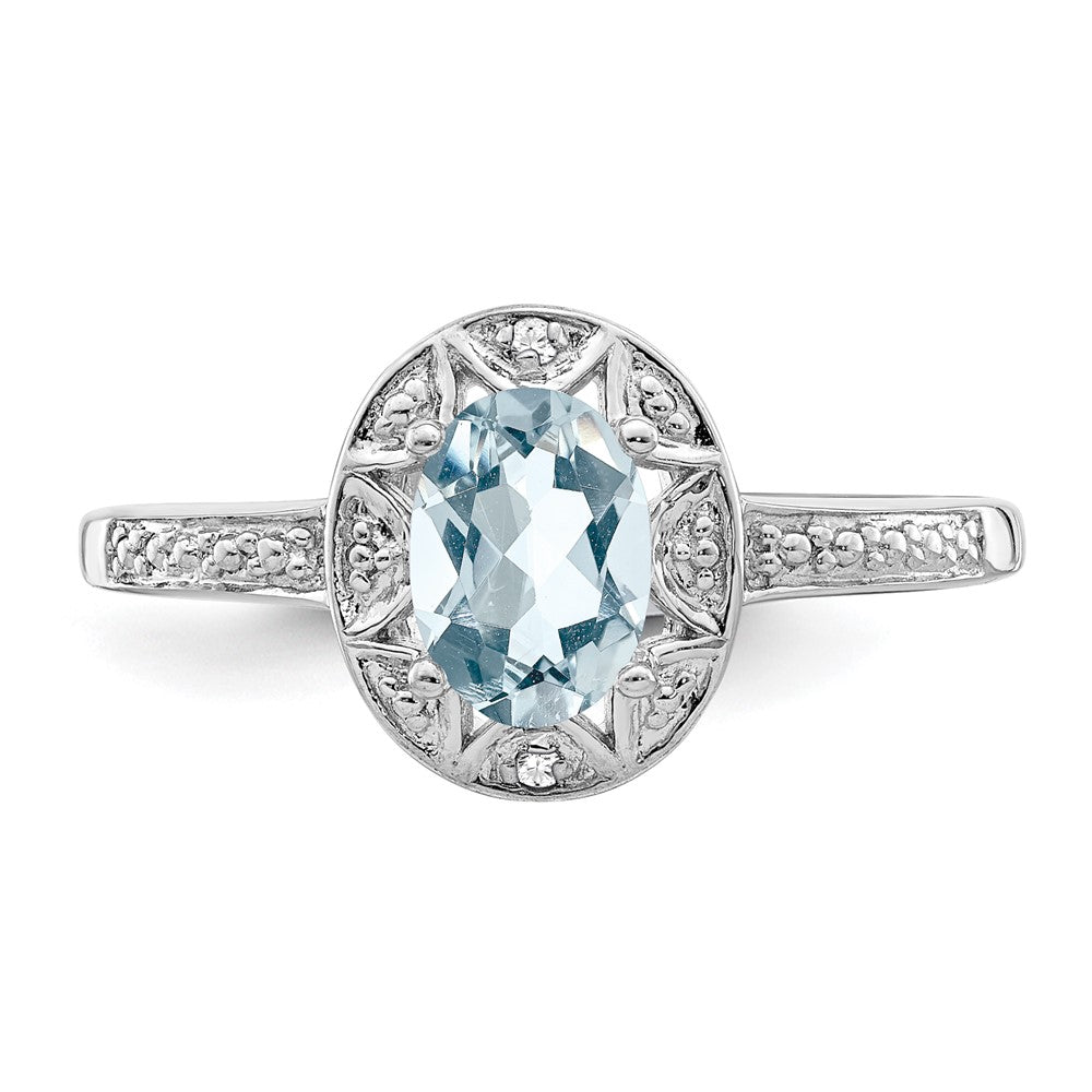 Sterling Silver Rhodium-plated Diamond & Aquamarine Ring