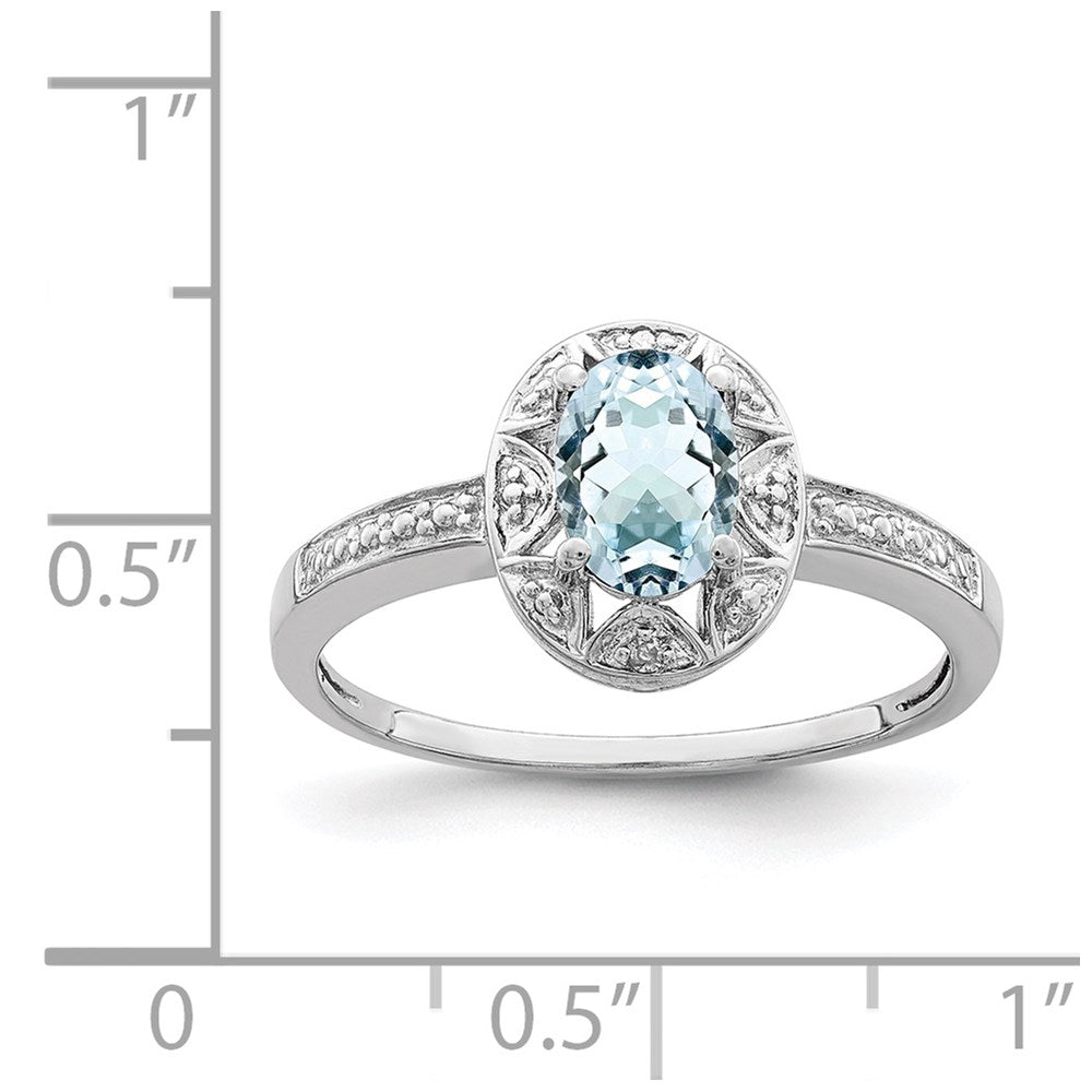 Sterling Silver Rhodium-plated Diamond & Aquamarine Ring