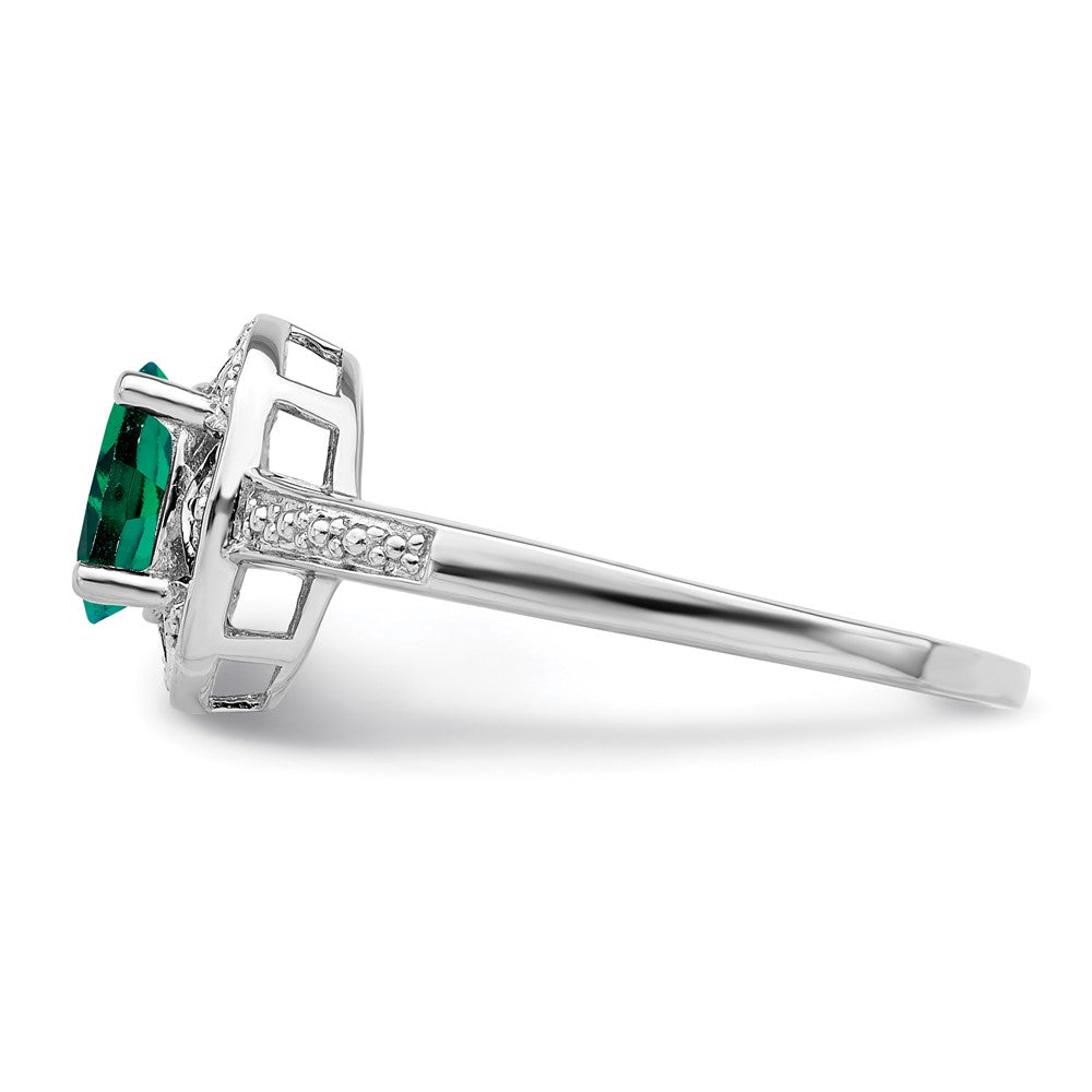 Sterling Silver Rhodium-plated Diamond & Created Emerald Ring