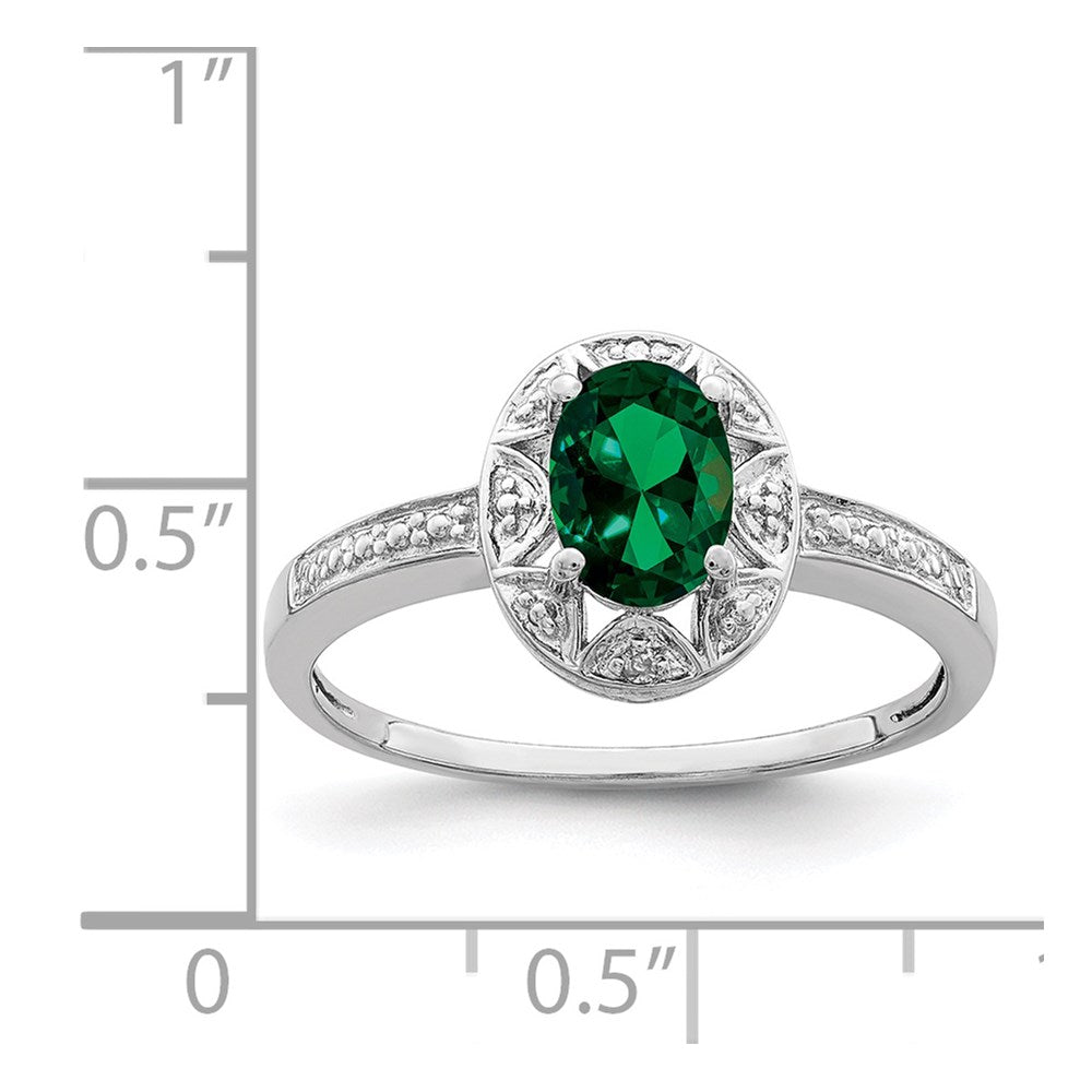 Sterling Silver Rhodium-plated Diamond & Created Emerald Ring