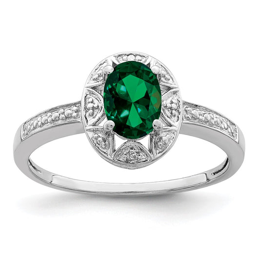 Sterling Silver Rhodium-plated Diamond & Created Emerald Ring