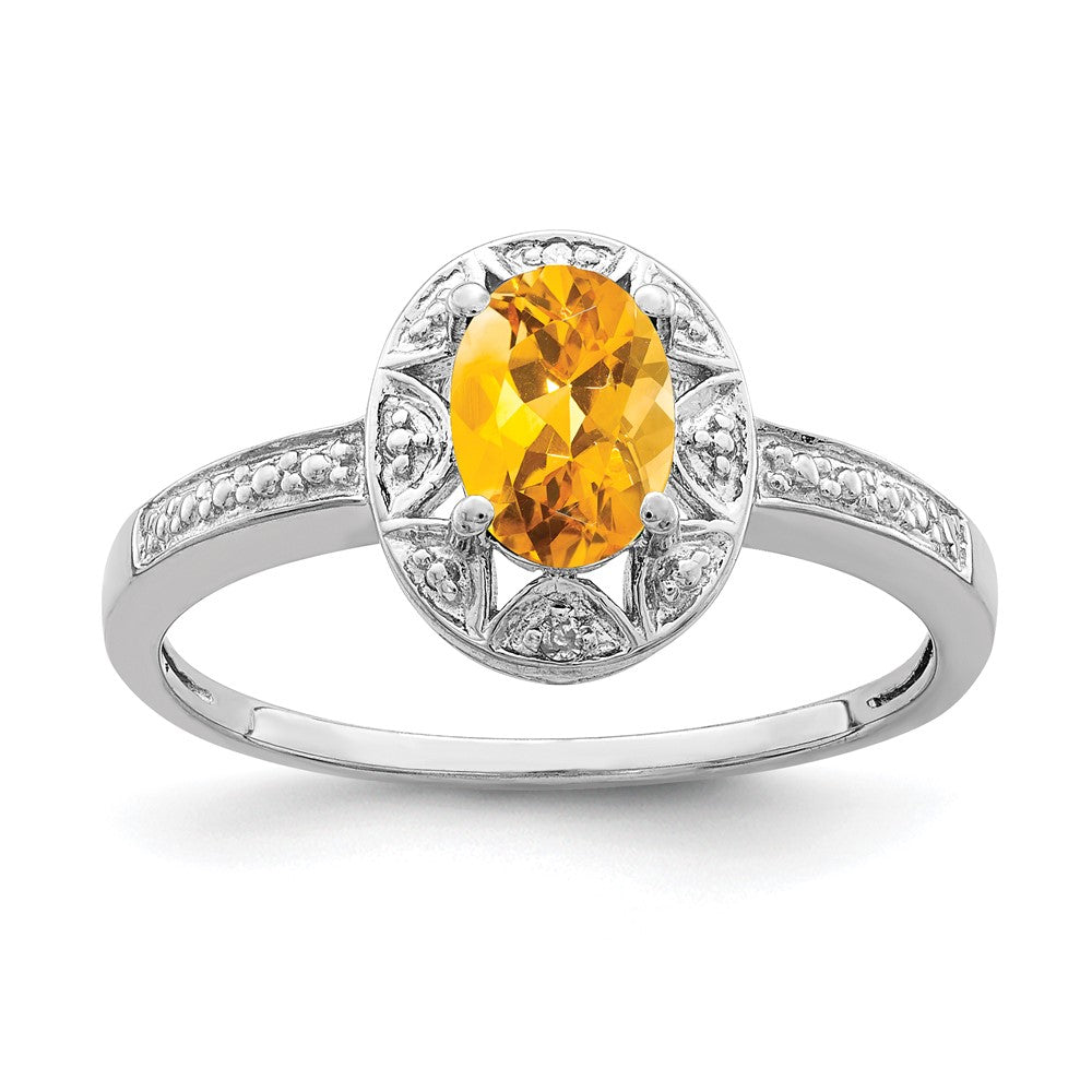 Sterling Silver Rhodium-plated Diamond & Citrine Ring