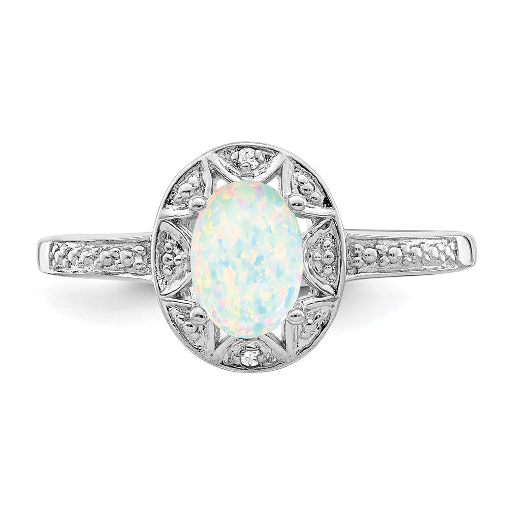 Sterling Silver Rhodium-plated Diamond & Created Opal Ring