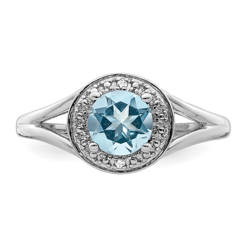 Sterling Silver Rhodium-plated Diamond & Aquamarine Ring