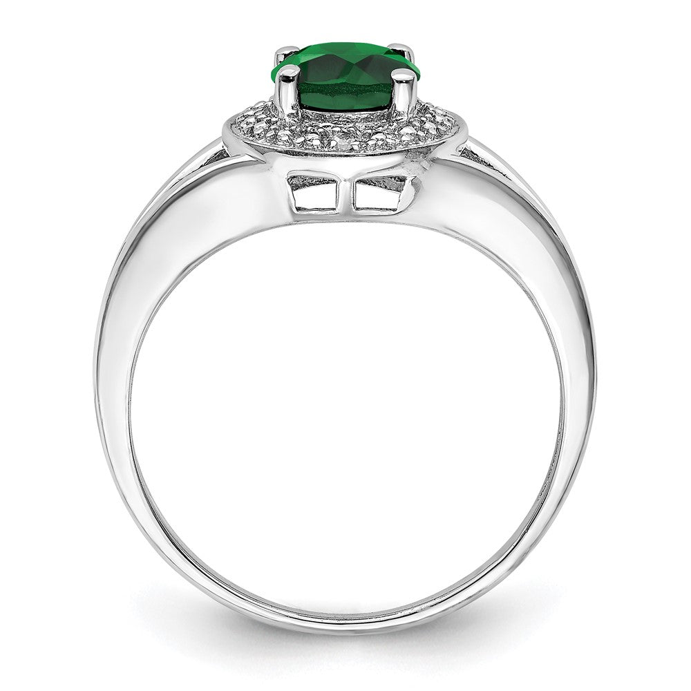 Sterling Silver Rhodium-plated Diamond & Created Emerald Ring