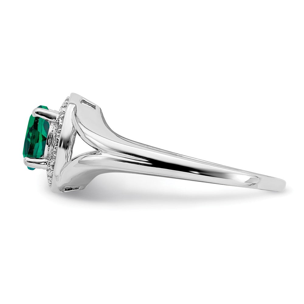 Sterling Silver Rhodium-plated Diamond & Created Emerald Ring