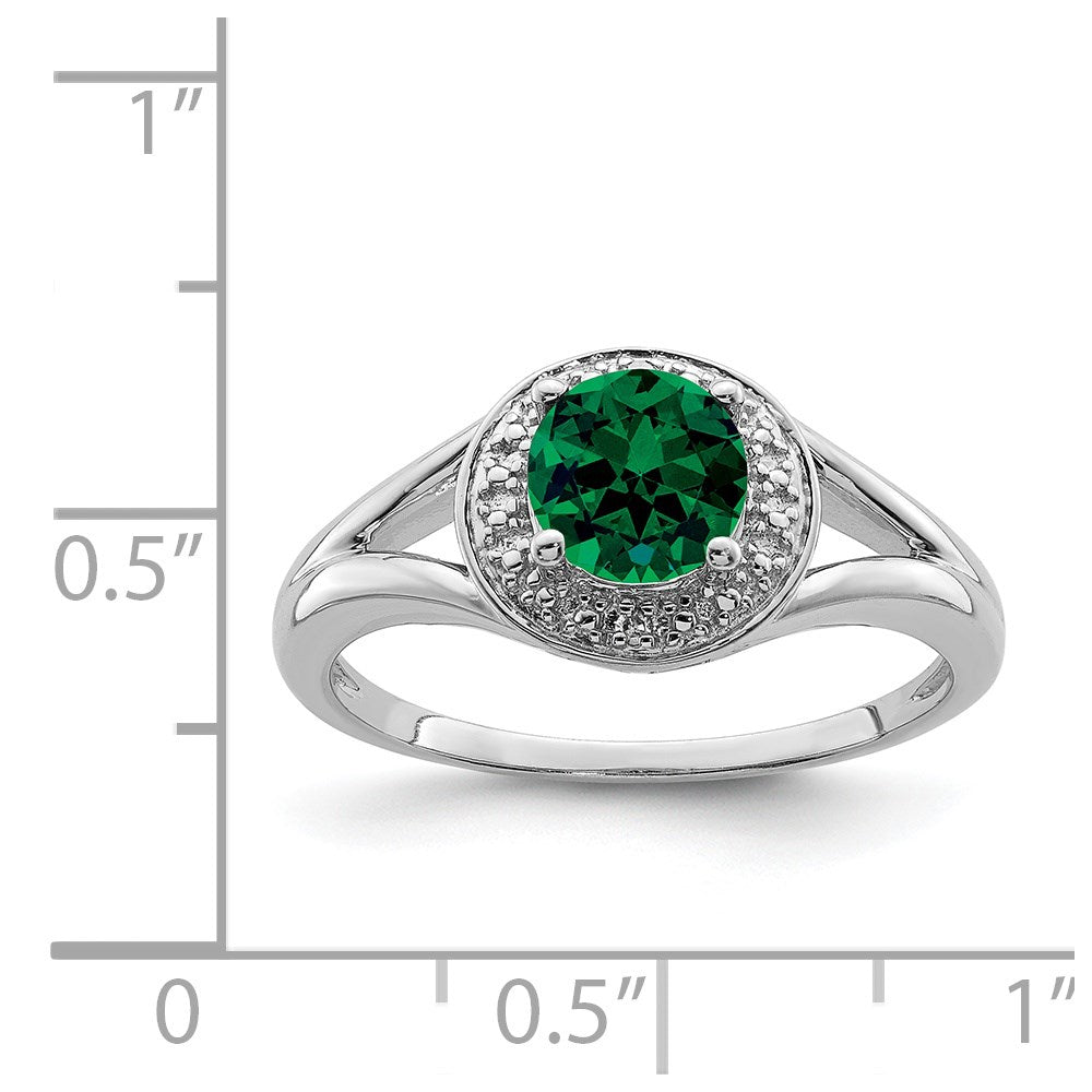 Sterling Silver Rhodium-plated Diamond & Created Emerald Ring