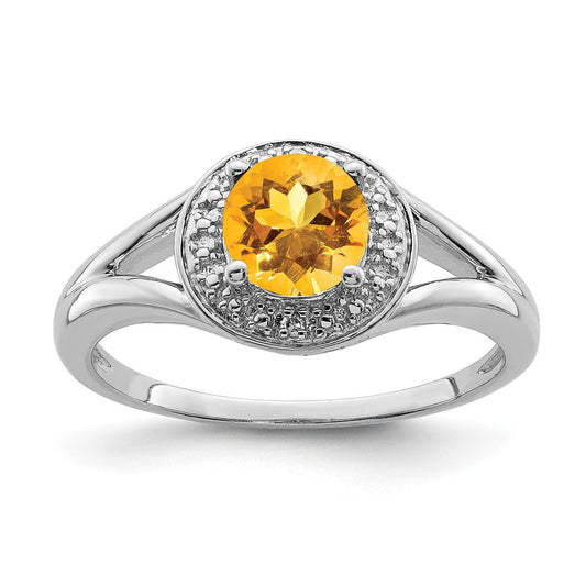 Sterling Silver Rhodium-plated Diamond & Citrine Ring