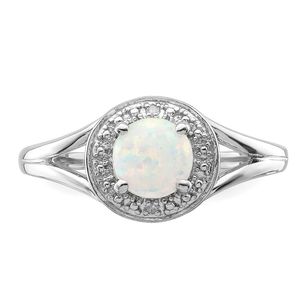 Sterling Silver Rhodium-plated Diamond & Created Opal Ring