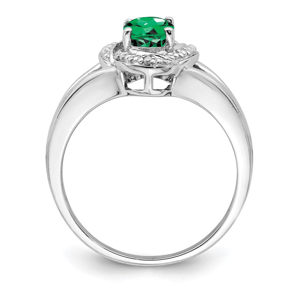 Sterling Silver Rhodium-plated Diamond & Created Emerald Ring