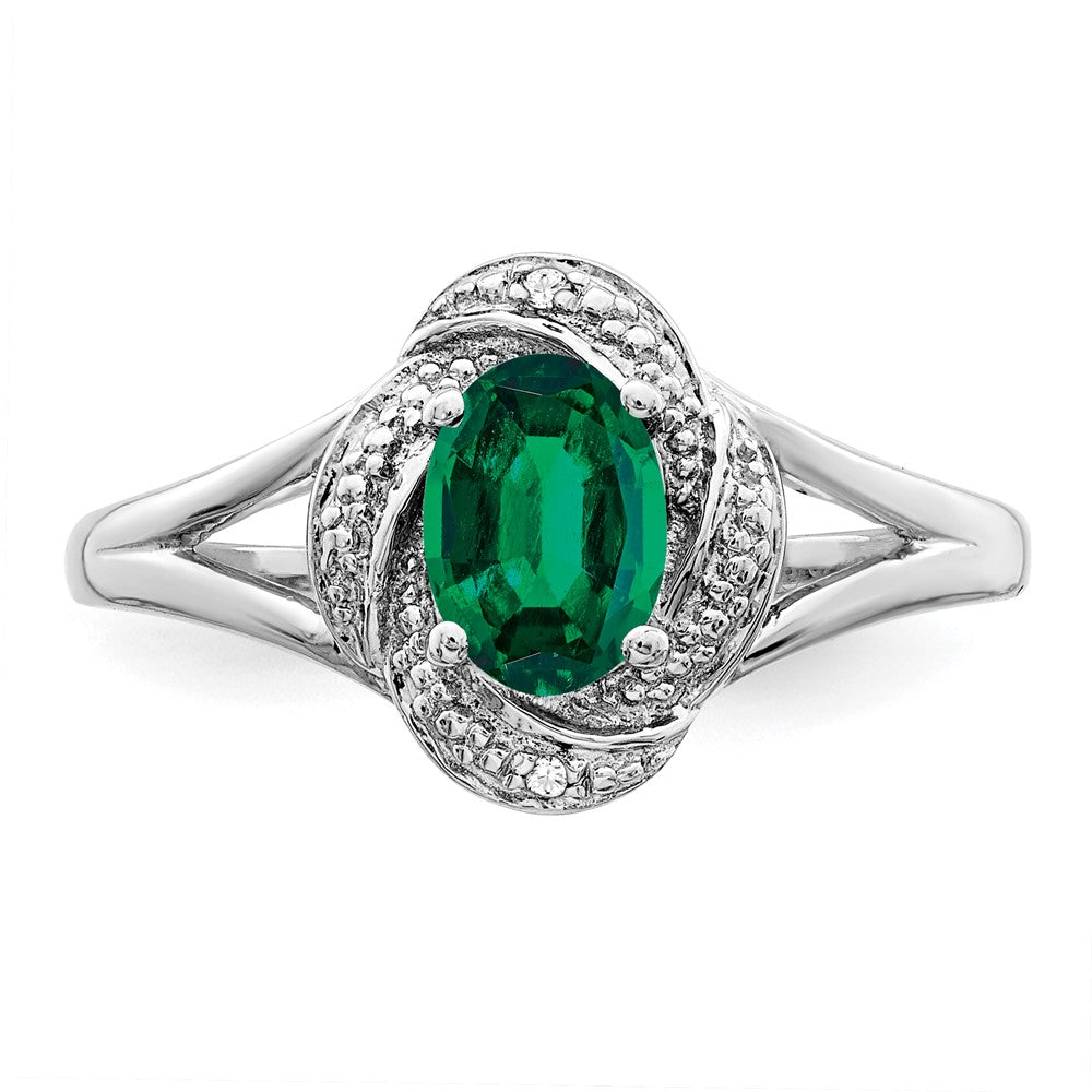 Sterling Silver Rhodium-plated Diamond & Created Emerald Ring