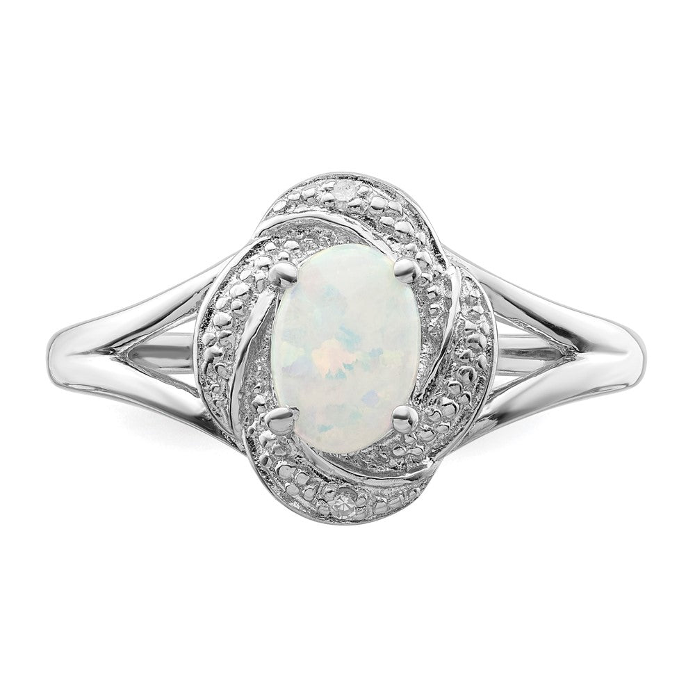 Sterling Silver Rhodium-plated Diamond & Created Opal Ring