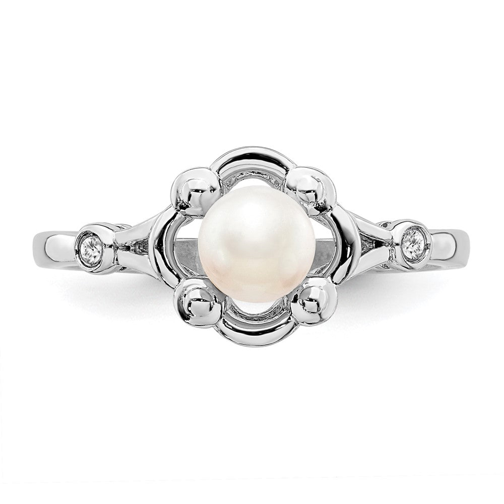 Sterling Silver Rhodium-plated FW Cultured Pearl & Diamond Ring