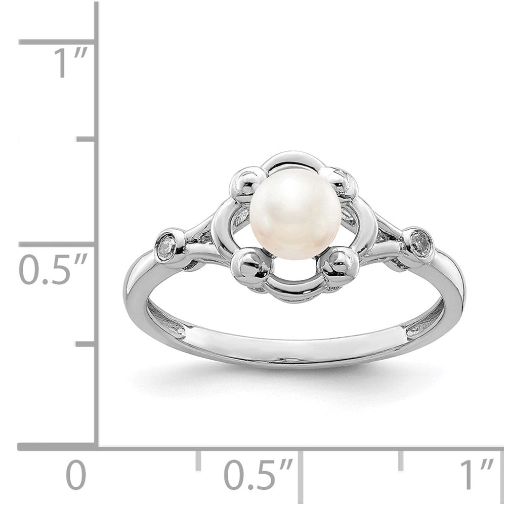 Sterling Silver Rhodium-plated FW Cultured Pearl & Diamond Ring