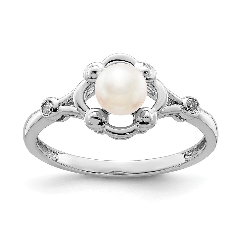 Sterling Silver Rhodium-plated FW Cultured Pearl & Diamond Ring