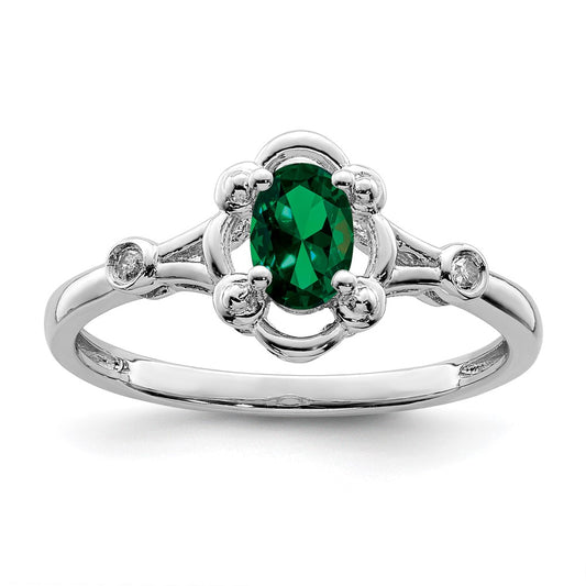 Sterling Silver Rhodium-plated Created Emerald & Diamond Ring