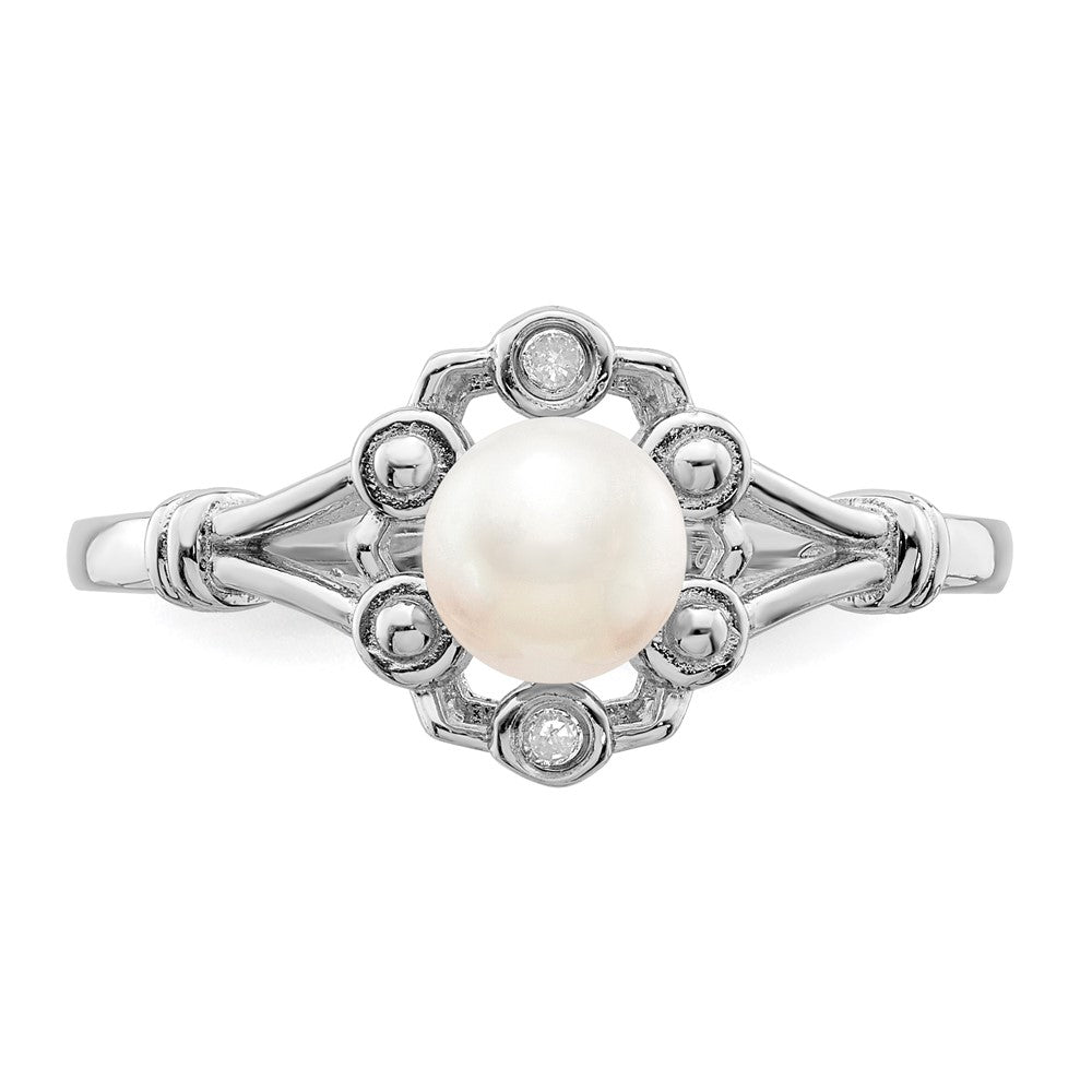 Sterling Silver Rhodium-plated FW Cultured Pearl & Diamond Ring