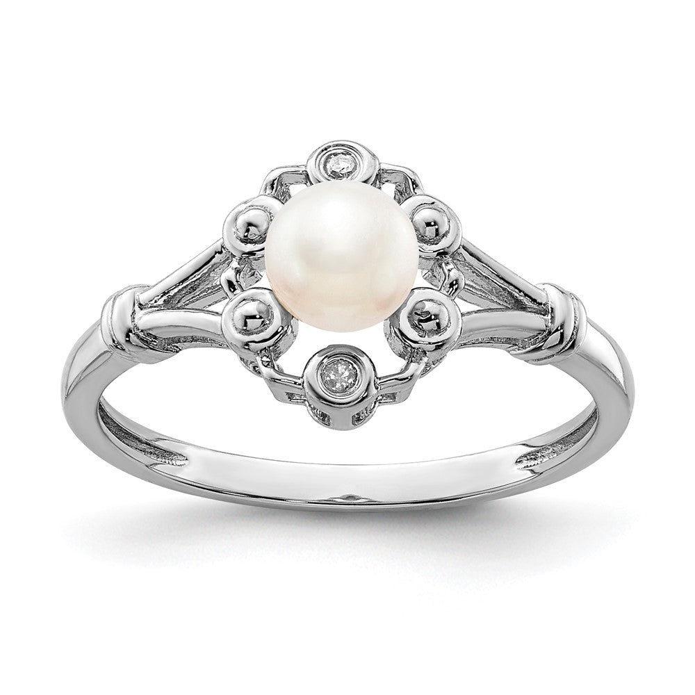 Sterling Silver Rhodium-plated FW Cultured Pearl & Diamond Ring