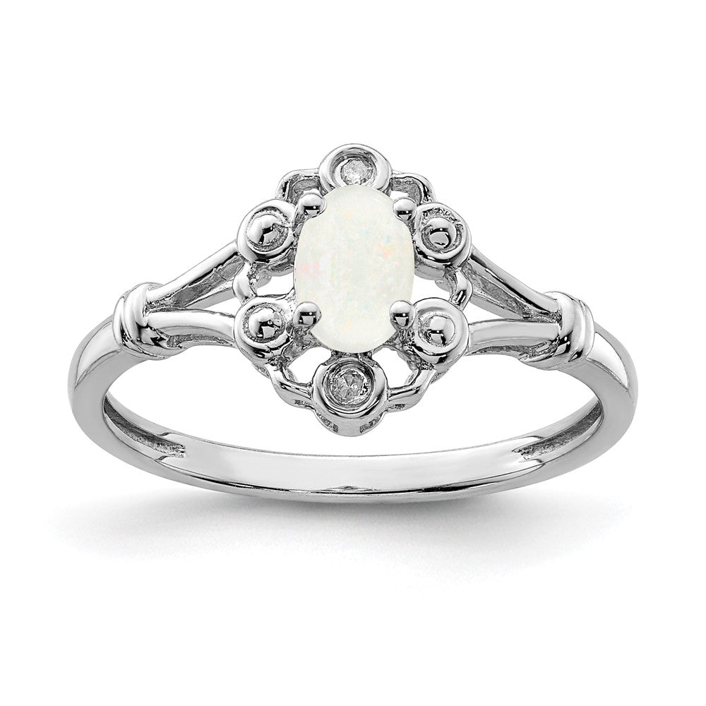 Sterling Silver Rhodium-plated Created Opal & Diamond Ring