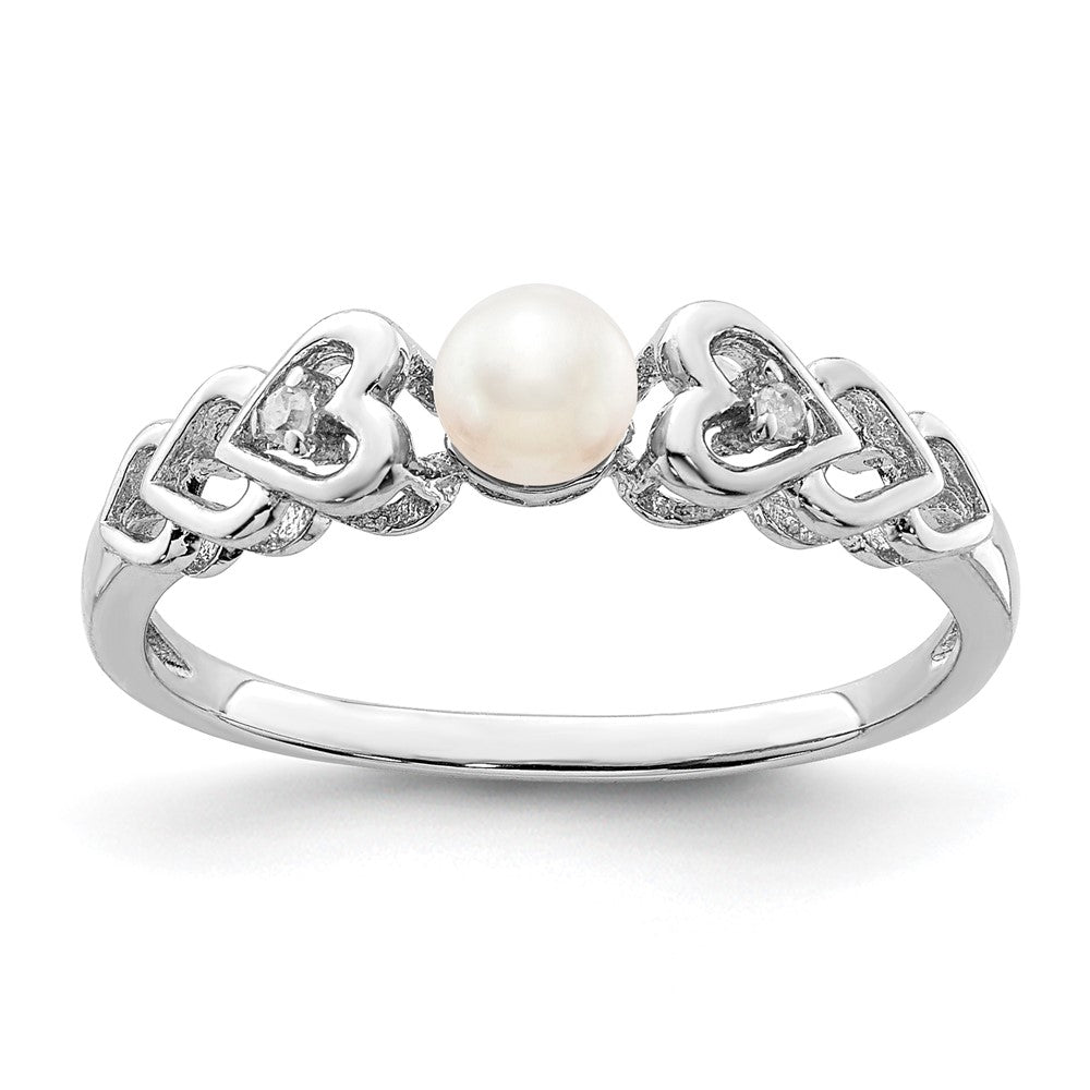 Sterling Silver Rhodium-plated FW Cultured Pearl & Diamond Ring