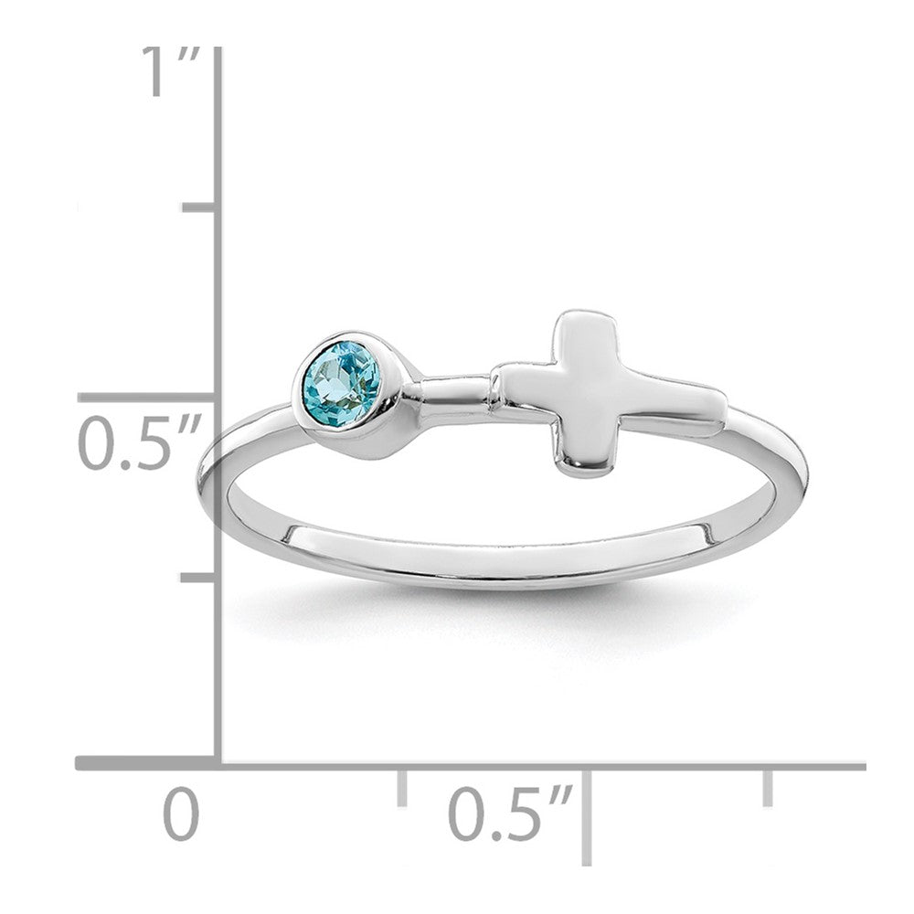 Sterling Silver Rhodium-plated Polished Cross LS Blue Topaz Ring