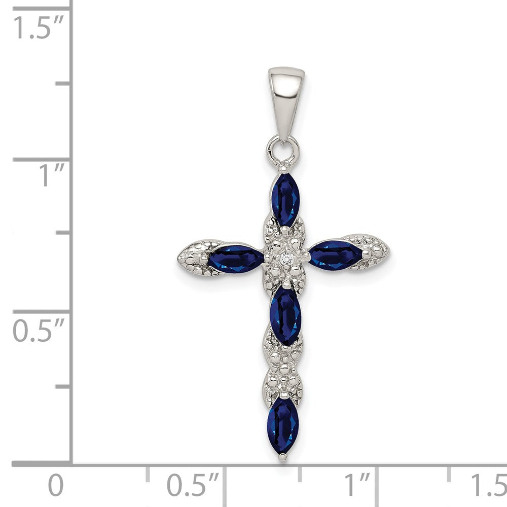 Sterling Silver Rhodium-plated Sapphire and Diamond Cross Pendant