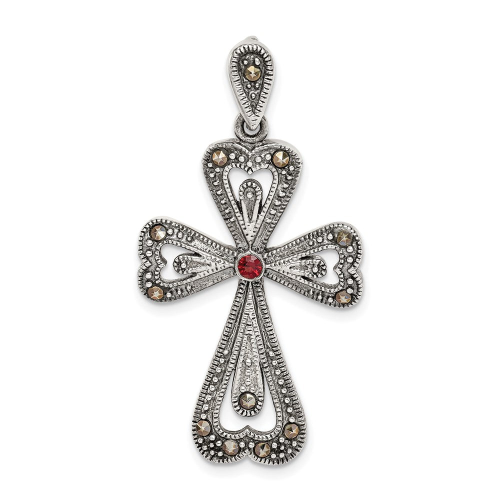 Sterling Silver Antiqued Marcasite and Garnet Cross Pendant